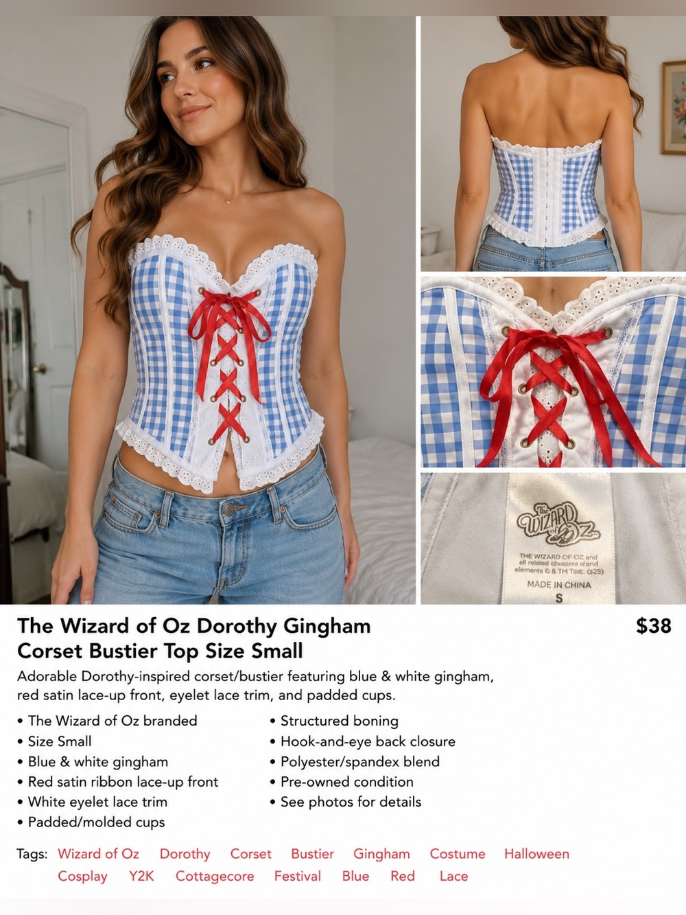 The Wizard of Oz Dorothy Gingham Corset Bustier Top Size Small Costume